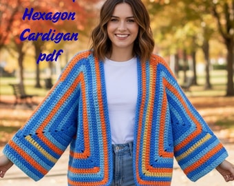 Crochet Hexagon Cardigan Pattern PDF, Easy Granny Cardigan Crochet Pattern, Oversized Crochet Sweater, Beginner Friendly Cardigan