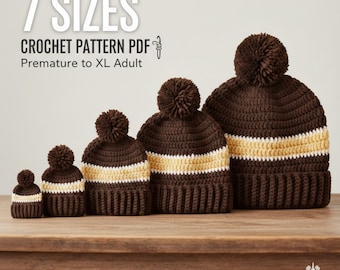 Striped  crochet beanie Pattern PDF 7 Sizes, Family Matching Hat Pattern, Pom Pom Beanie Crochet Pattern, Baby to Adult Winter Hat