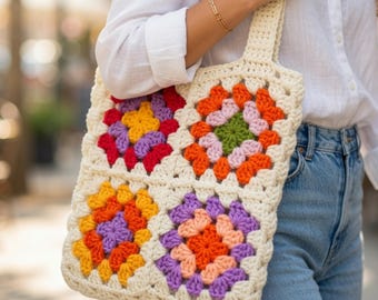 Granny Square Crochet Bag PDF Pattern ,Crochet tote bag pattern, Colorful Crochet Bag Tutorial, Beginner-Friendly Crochet Bag Pattern