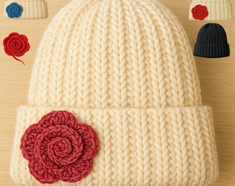 Chunky Ribbed Beanie Crochet Pattern with Spiral Rose (PDF Tutorial)