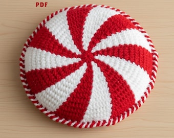 Motif PDF au crochet pour coussin tourbillon menthe poivrée, motif de coussin de Noël, tutoriel de crochet pour coussin rond bonbon, décoration de vacances au crochet