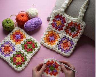 Granny Square Crochet Bag PDF Pattern | Easy DIY Crochet Tote | Colorful Crochet Bag Tutorial | Beginner-Friendly Crochet Bag Pattern