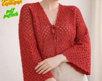 Crochet Cardigan PDF Pattern | Bell Sleeve Crochet Shrug | Beginner Friendly Crochet Top | Women Crochet Bolero Pattern