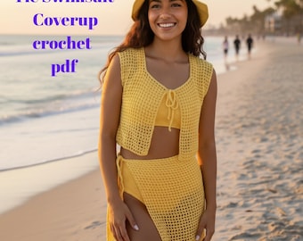 Tie Swimsuit Cover Up Crochet Pattern PDF,Ocean Breeze Lace Beach dress  Mesh Summer Cover Up, Filet Crochet Top and Wrap Skirt