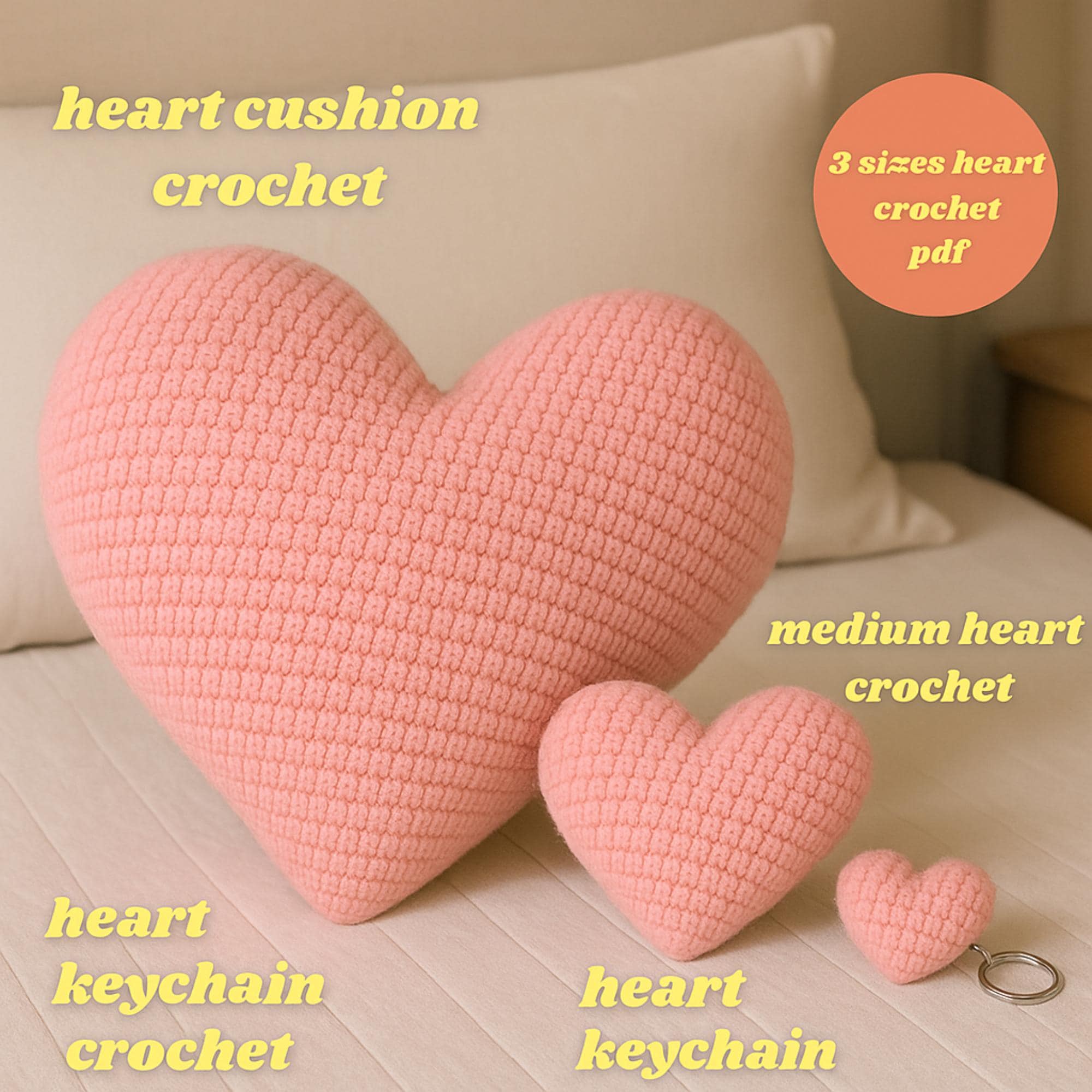 ハート あみぐるみ クッション ぬい かぎ針編みのハート型紙PDF：あみぐるみクッション、キーホルダー