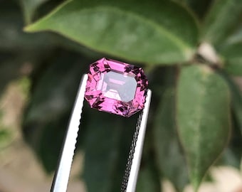 May include: A faceted, rectangular pink gemstone held by silver tweezers. The gem has a vibrant, purplish-pink hue and a clear, reflective surface. The background features blurred green leaves, providing a natural contrast to the gem's color.