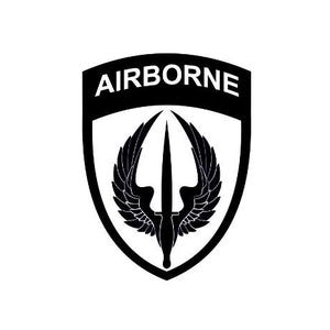 May include: Black and white Airborne emblem. The emblem is shield-shaped with the word "AIRBORNE" at the top. Below the word is a design of a dagger with wings on either side. The background is white.