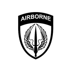 May include: Black and white Airborne emblem. The design features a shield shape with the word "AIRBORNE" at the top. Inside the shield is a stylized image of a dagger with wings.