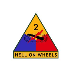 May include: A triangular military insignia featuring a yellow top section with the number 2, a blue bottom-left section, and a red bottom-right section. A black tank track silhouette and a red lightning bolt are centered. The text HELL ON WHEELS is below.
