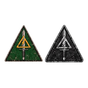 May include: Two triangular patches featuring a central sword graphic overlaid with a lightning bolt inside a triangle. One patch has a dark green background with a yellow lightning bolt, while the other has a black background with a silver bolt.