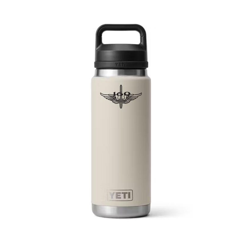 May include: A beige insulated water bottle with a black handle and lid. The bottle features a black graphic of wings and a sword, with the number 169. The brand name "YETI" is printed at the bottom.