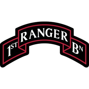 May include: A black and red banner with the text "RANGER" in white, arched across the center. The text "1ST BN" is on either side of the banner. The banner has a red border.