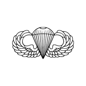 May include: Black and white illustration of a parachute with wings, a military insignia. The parachute is in the center, with detailed wings on either side. The design is symmetrical and clean, suitable for patches or decals.