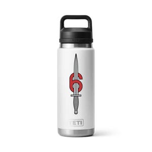 May include: White insulated water bottle with a black handle and lid. The bottle features a red and black graphic of a dagger and the number 6. The brand name "YETI" is printed at the bottom.