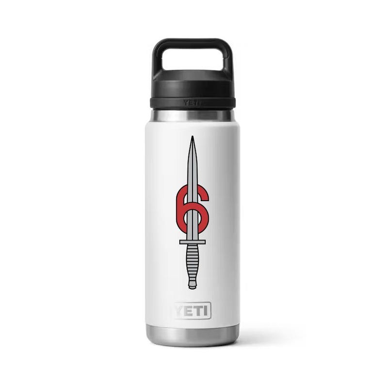 May include: White insulated water bottle with a black handle and lid. The bottle features a red and black graphic of a dagger and the number 6. The brand name "YETI" is printed at the bottom.