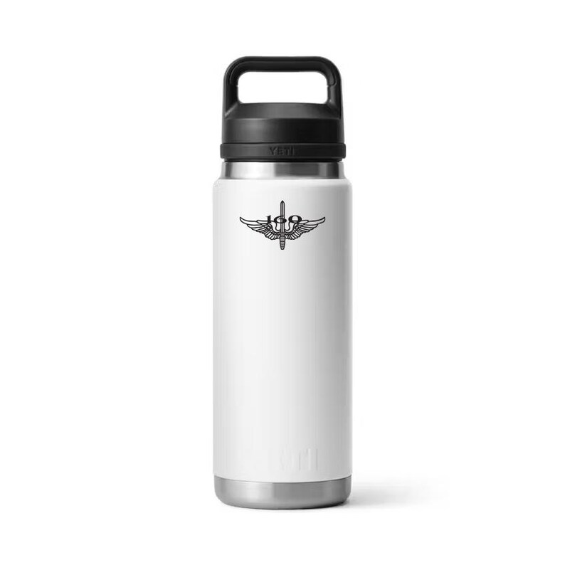 May include: A white insulated water bottle with a black handle and lid. The bottle features a black graphic of a winged emblem with the number 169. The bottle is made of stainless steel and is designed to keep beverages cold or hot.