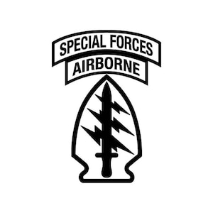 May include: A black and white graphic patch featuring an arrowhead shape containing a vertical dagger with three lightning bolts. Above the arrowhead is a curved banner with the text SPECIAL FORCES AIRBORNE in bold, capitalized black lettering.