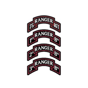 May include: Four black and red Ranger unit patches. The top patch reads "75 RGT RANGER". The other three patches read "1st BN RANGER", "2nd BN RANGER", and "3rd BN RANGER".