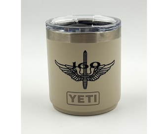 YETI Rambler 10oz Lowball Cup Cape Taupe | US Army SOAR Night Stalkers Crest | New