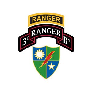 May include: A military emblem with a yellow banner reading "RANGER" above a black banner with "RANGER" and "3D BN". The emblem features a shield with a sun, lightning bolt, and star.
