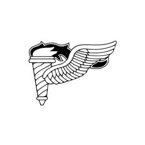 May include: Black and white illustration of a torch with a flame and a wing. The torch has a detailed, spiraling design. The wing is detailed with individual feathers. The image is a graphic design.