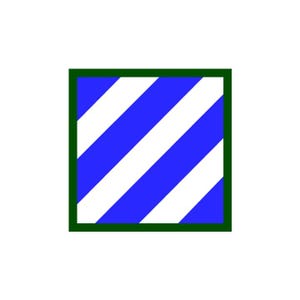 May include: A square emblem featuring a dark green border surrounding a field of three diagonal blue stripes alternating with two white stripes. The design is symmetrical and geometric, presenting a clean, flat graphic representation of a square patch.