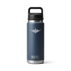 May include: A navy blue insulated water bottle with a black handle and lid. The bottle has a silver base and a white graphic of wings and a symbol. The brand name "YETI" is printed in white on the bottle.