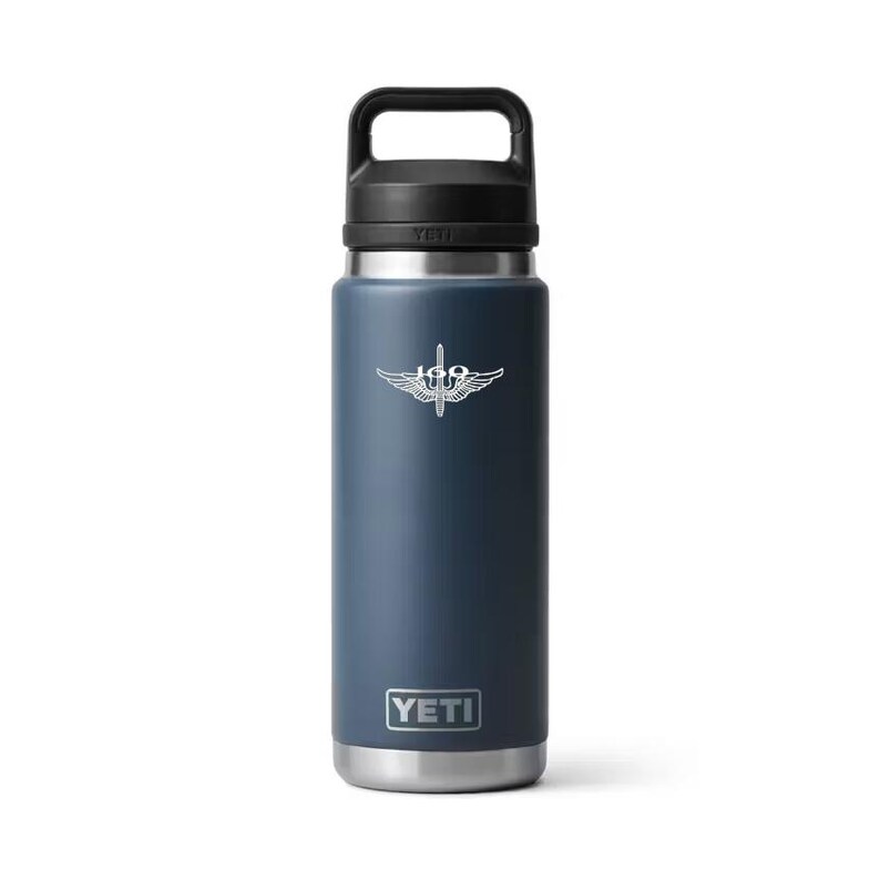 May include: A navy blue insulated water bottle with a black handle and lid. The bottle has a silver base and a white graphic of wings and a symbol. The brand name "YETI" is printed in white on the bottle.