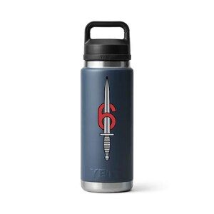 May include: A navy blue insulated water bottle with a black handle and lid. The bottle features a white and red graphic of a dagger and the number 6. The brand name "YETI" is printed on the bottle.