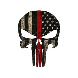 May include: A distressed skull design featuring the American flag with a red stripe. The design incorporates black and white stripes with stars, and a vertical red stripe down the center, creating a patriotic and edgy aesthetic.