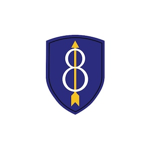 May include: A blue shield-shaped emblem featuring a white number eight centered vertically. A yellow arrow points upward through the center of the white number eight, with the arrowhead at the top and the fletching at the bottom of the shield.