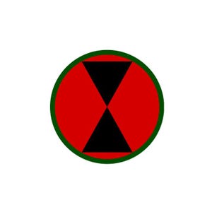 May include: A circular emblem featuring a thick dark green border surrounding a bright red field. In the center, two black triangles are positioned with their points touching, creating an hourglass shape that divides the red background.