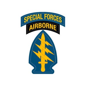 May include: A military patch featuring a blue arched tab with the yellow text SPECIAL FORCES above a black arched tab with the yellow text AIRBORNE. Below these is a blue arrowhead-shaped patch with a yellow dagger and three lightning bolts.
