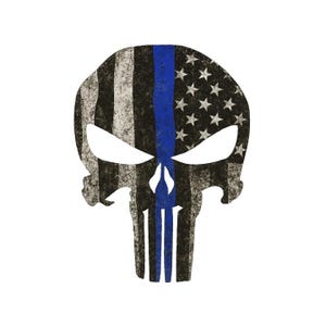 May include: A distressed skull design featuring the American flag with a blue stripe. The skull's eye sockets and nose are hollow, and the design incorporates stars and stripes. The overall color scheme is black, white, and blue.