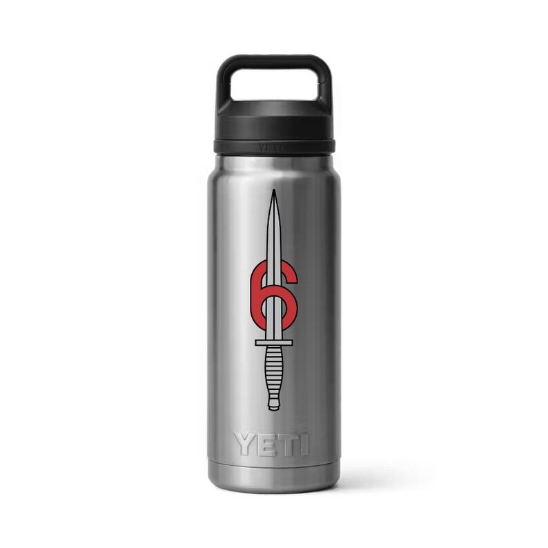 May include: A stainless steel water bottle with a black handle and lid. The bottle features a red and white graphic of a dagger and the number 6. The brand name "YETI" is printed at the bottom.