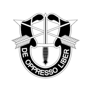 May include: Black and white emblem featuring a shield shape with a sword, two arrows, and the text "DE OPPRESSO LIBER" in a circular banner. The design is a symbol of military service and valor.
