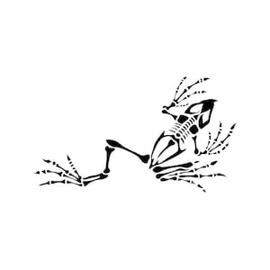 May include: Black and white illustration of a frog skeleton. The skeletal frog is depicted in a relaxed pose, with its limbs spread out. The image is a graphic design, suitable for Halloween or gothic-themed products.