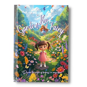 May include: A children's book cover titled "Garden The Fairy" featuring a cartoon illustration of a girl in a pink dress standing in a colorful flower garden. A fairy hovers above. The book's title is in a whimsical font.