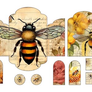 Puede incluir: Una colección de efímeras de papel con temática de abejas y estética vintage. El conjunto incluye un sobre, etiquetas y adornos circulares, todos con ilustraciones de abejas, flores y panales sobre un fondo de papel envejecido y escritura.