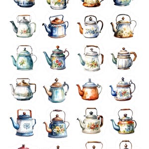 May include: A collection of watercolor-style illustrations of vintage teapots. Each teapot features unique designs, including floral patterns, varying colors, and different handle and spout styles. The teapots are arranged on a white background.