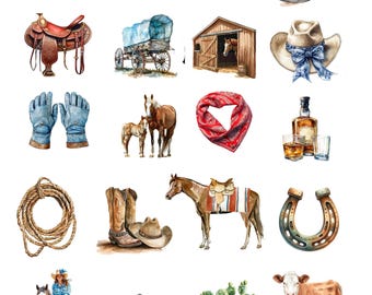 May include: Watercolor illustrations of Western-themed items. Includes a cowboy hat, sheriff's badge, running horse, cowboy boots, saddle, covered wagon, barn, gloves, horses, bandana, whiskey, rope, horseshoe, cowgirl on a horse, cactus, and a cow.