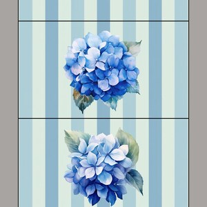 Puede incluir: Un folio decorativo con un fondo a rayas azules y blancas. Presenta dos ilustraciones de acuarela de flores de hortensia azules con hojas verdes. El texto "4" x 7" Folio" está impreso en la parte inferior.