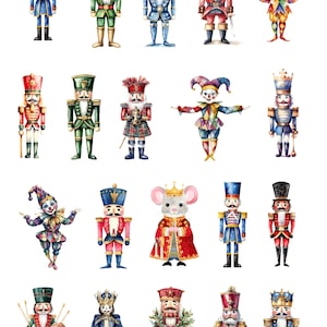 May include: Watercolor illustrations of various nutcrackers and a mouse king. The nutcrackers are depicted in a variety of uniforms, including a pirate, a jester, and a soldier. The mouse king is wearing a red robe and a crown.