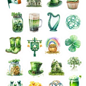 May include: Watercolor illustrations of St. Patrick's Day symbols. The image includes a green Irish flag, a leprechaun hat, a green cupcake, a jar of clovers, a pint of green beer, a harp, a horseshoe, a pot of gold, and a shamrock.