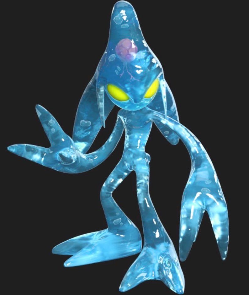 May include: A translucent blue character with a teardrop-shaped head, yellow eyes, and elongated limbs. The character has a fluid appearance, with bubbles and a pinkish-purple orb visible within its form. The figure stands against a black background.