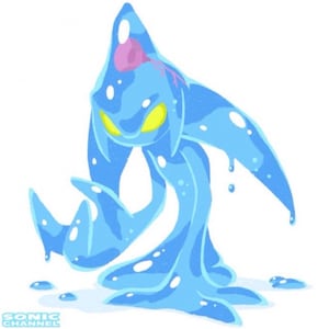 May include: Illustration of a blue, water-like creature with yellow eyes and a pink headpiece. The creature has a fluid, amorphous form with dripping details and is set against a white background. The Sonic Channel logo is at the bottom.