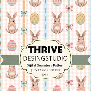 May include: A digital seamless pattern featuring watercolor illustrations of Easter bunnies, decorated eggs, and bows on a light pink and white checkered background. The pattern includes the text "THRIVE DESINGSTUDIO".