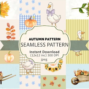Autumn silly goose patchwork Pumpkin Sunflower Pattern, Cute Fall Farm Animals Seamless Design, Digital Paper, Thanksgiving Fabric Print