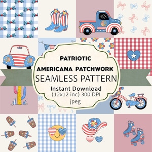 Americana sömlöst mönster lapptäcke digitalt papper patriotiska USA stjärnor ränder tyg vintage bondgård direkt nedladdning