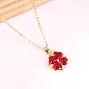 Four Leaf Clover Ruby Pendant Necklace, 18K Gold Plated Dainty Floral Necklace, Minimalist Jewelry, Valentine's Day Gift